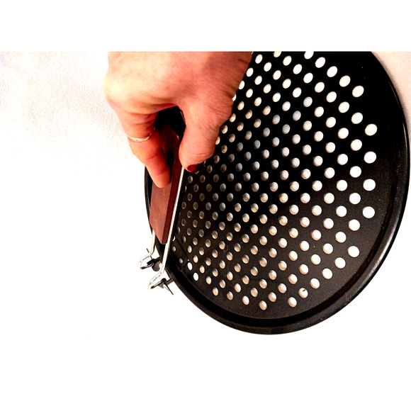 PIZZA OVEN Grill Pizza Pan 12" w Folding Wood Handle, Non-Stick, Air Vents NEW!! - Picture 7 of 9